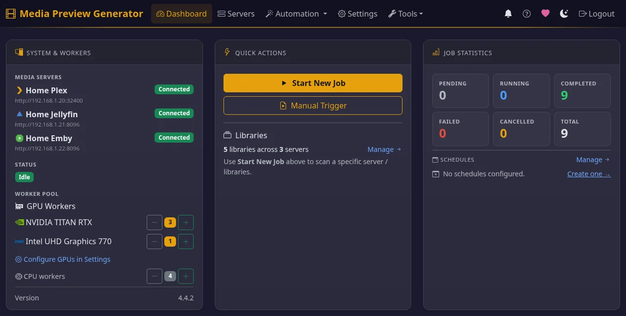 Dashboard showing connected Plex, Jellyfin and Emby servers, GPU workers and job statistics