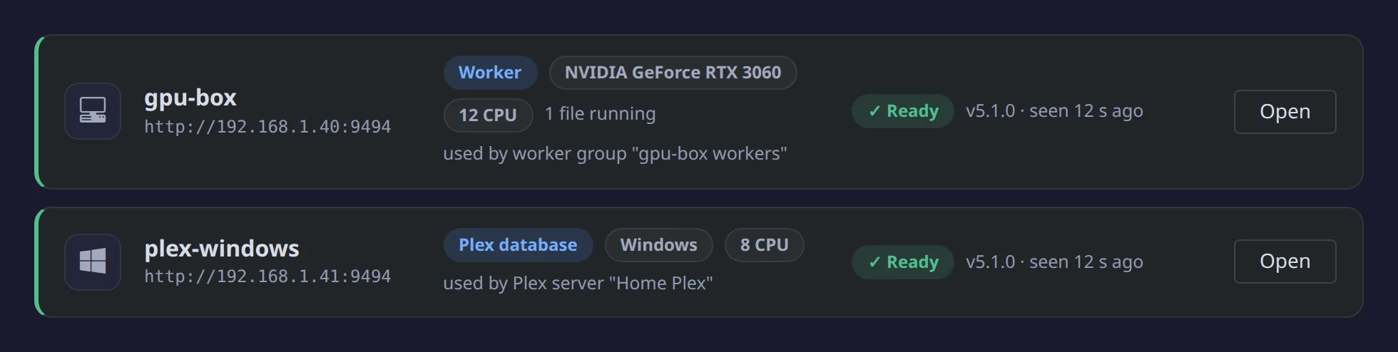 The Nodes page with two nodes, both Ready: gpu-box, a Linux worker with an NVIDIA GPU, and plex-windows, a Plex database node on Windows
