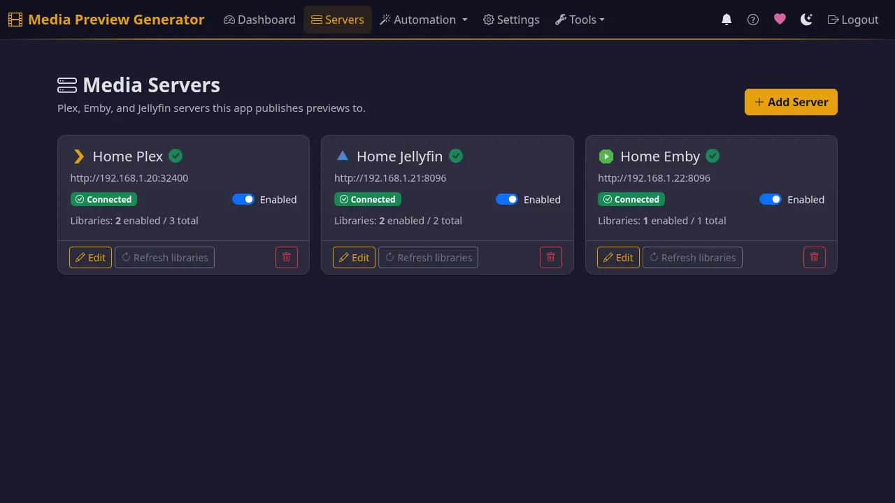 Servers page showing one card per Plex / Jellyfin / Emby server, each with connection status and library count